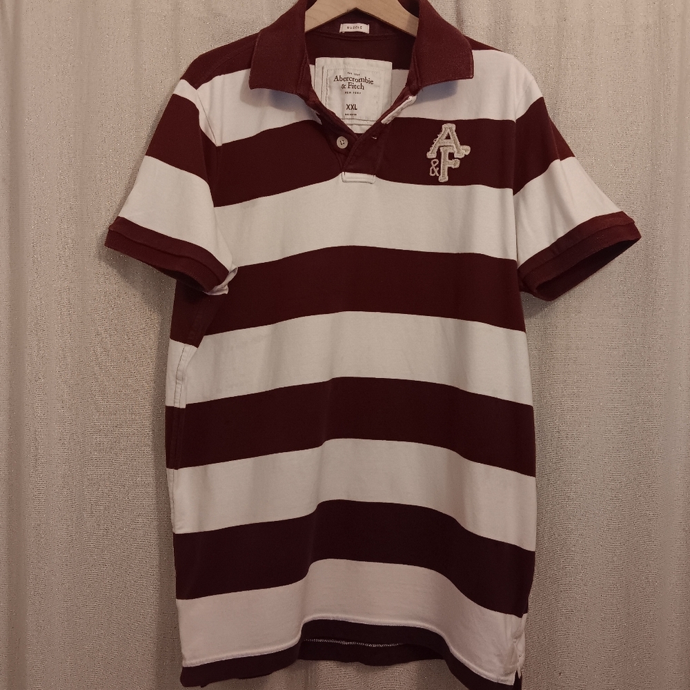 ABERCROMBIE & FITCH Burgandy/White Striped Muscle Fit Polo Men's SZ XXL 00s